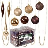 Julido Weihnachtskugeln Kunststoff 130 Stück, Christbaumkugeln Champagner und Braun, Weihnachtsbaum Deko glänzend, glitzernd und matt