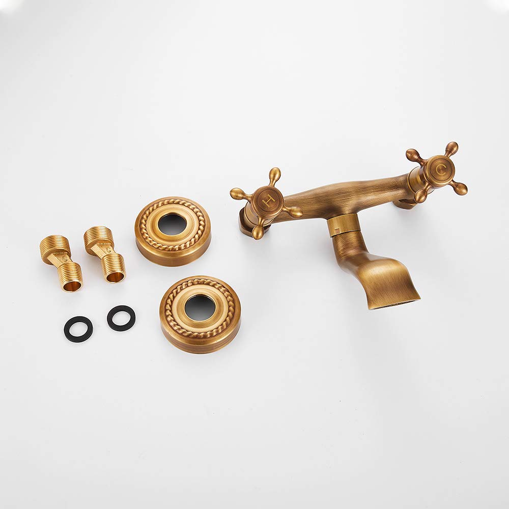 Rubinetto Bronzo a Muro Anticato Vintage Rotazione 180 ° Rubinetto per Cucina a Parete con Doppio Manopole in Ceramica Miscelatore