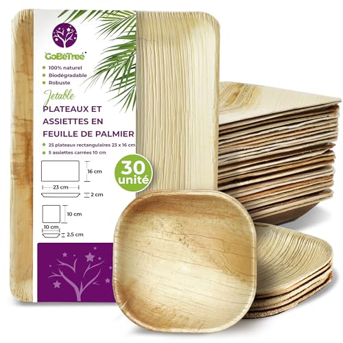 GoBeTree 30 Plateaux Jetables en Feuille de Palmier 25 Plateaux Rectangulaires 23 x 16 cm et 5 Assiettes Carrées 10 cm. Vaisselle Rustique en Bois pour...