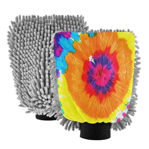 STAYTOP Rainbow Tie Dyeing Car Wash Mitt Microfiber, 2Pcs Scratch Free Lint-Free, Premium Chenille Microfiber Mitt Car Wash Brush-M
