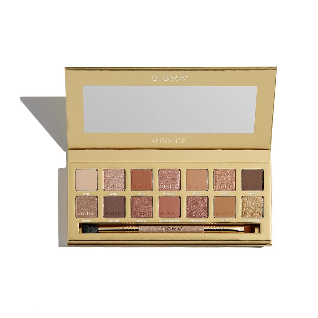 Sigma Beauty Ambiance Eyeshadow Paleta – Sombras luminosas, neutras y doradas – Sombras de ojos cálidas en mate, brillo y acabados metálicos, paleta de maquillaje vegano de alta pigmentación – Clean