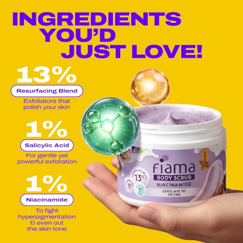 Image of Fiama Detan Body Scrub 200g, 1% Niacinamide + 1% Salicylic Acid, Chemical + Physical Exfoliation, 13% Resurfacing Blend, Sun-Tan Removal & Instant Brightness, Gourmet Fragrance