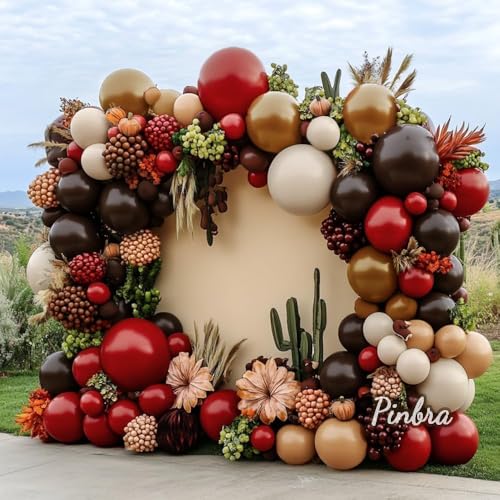 Image of Red Balloon Garland Double Stuffed Dark Red Brown Burgundy Balloons | Tan Nude White Sand Latex Balloon Arch Kit for Western Cowboy Birthday Bridal Wedding Fall Thanksgiving Party Decorations