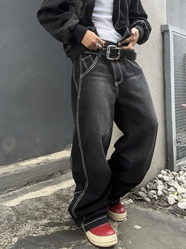 Mens Irregular Sutures Baggy Jeans with Angled Pocket Y2k Hip Hop Wide Leg Denim Pants3