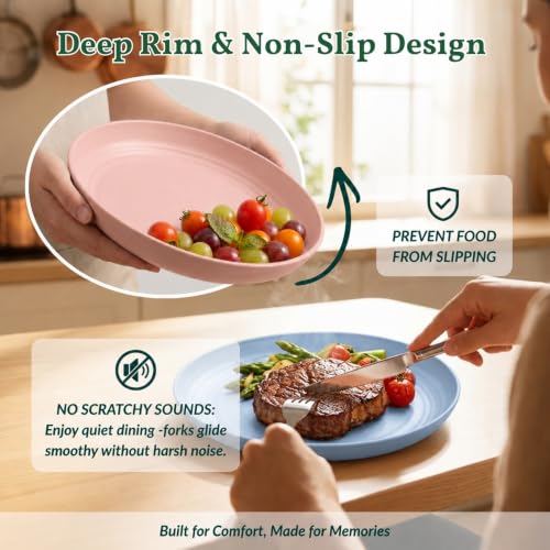 Image of Homienly Deep Dinner Plates Set of 8 Unbreakable Wheat Straw Plates Plastic Reusable Plates for Kitchen, Picnic, RV, Dishwasher and Microwave Safe Plates for Salad, Dessert (Fresh Light, 9 inch)