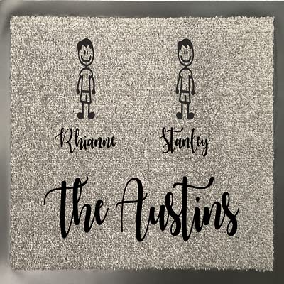 One of Kind UK Personalised Grey Doormat Custom Stick Figure Family Name Mat, Anti-Slip Rubber Backing, Machine Washable, 100% Nylon, 8mm Pile, 2 Family Members Characters - 40x60cm