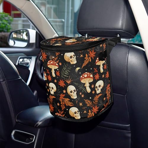 Image of MNSRUU Car Trash Can with Lid, Mushrooms Skull Car Trash Bag Hanging Organizers and Storage for Front Back Seat, Leak-Proof Trash Bin