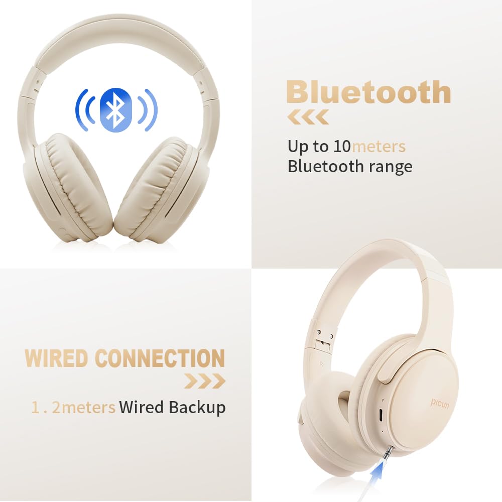 SLuB Cuffie Wireless Over Ear, Cuffie Bluetooth Pieghevoli, Suono Stereo HD, Microfono HD Incorporato, 30H di Riproduzione, Adatto per Telefono, PC, TV, Giochi, Esterno, Ufficio (Cachi)
