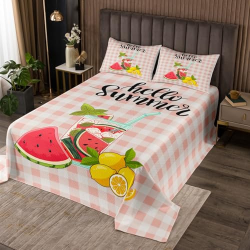 Watermelon and Lemon Bedspread Set Queen Size for Kids,Boys Girls Pink Grid Quilt Set Summer Cool Bedspread Coverlet Cartoon Fruit Bedspread 3 Piece Decorative Bedding Quilted with 2 Pillow Shams