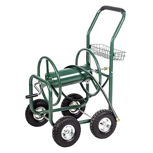 Heavy Duty Garden Water Hose Reel Cart- 300 Ft Liberty Water Hose Storage Reel Cart - 5/8 in X 6 Ft Water Hose w/4 Wheels & Storage Basket -Outdoor Metal Hose Reel System for Garden Yard Water Plant