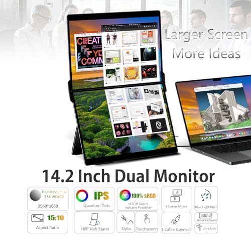 Image of EHOMEWEI X2 Air Touchscreen Portable Dual Monitor 2.8K 90Hz QLED with Stylus Pen 14.2 inch*2 IPS 2520 * 1680 Display, 400 Nit Brightness 1500:1, 100% sRGB, for Office /Home /Travel Laptop Extender Screen