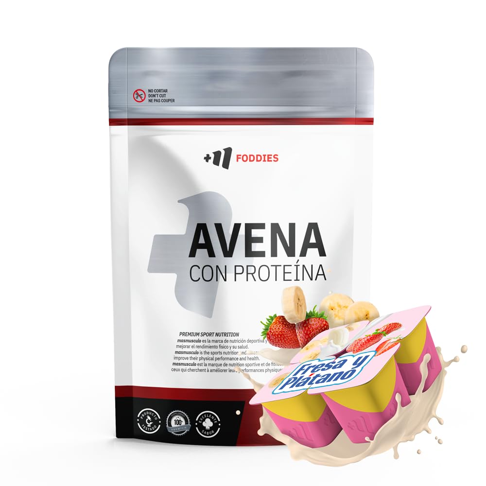 MASmusculo – Harina de Avena con Proteína Whey 1 Kg - Sin Azúcar - Desayuno Energético y Pre Entreno - Mantenimiento y Desarrollo Muscular – Bajo en Azúcar – Alto en Fibra - Fresa y Plátano