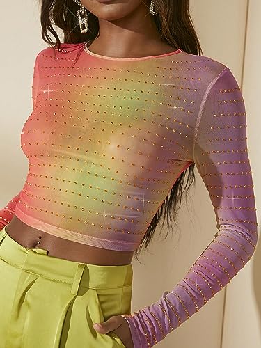Verdusa Women's Rhinestone Sheer Mesh Tops Ombre Long Sleeve Slim Fitted Crop Tees3