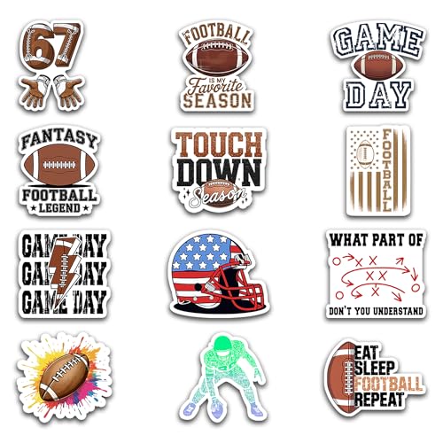 DESTWA 12 Pcs Football Stickers for Kids Waterproof Football Stickers for Poster Board Water Bottles Helmet Football for Party Favors Birthday End of Season Vinyl Decal Gifts for Boys 8-12