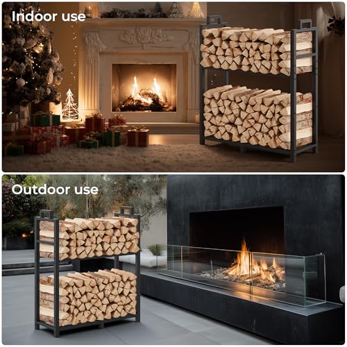 suchown 30 Inch Firewood Rack with Log Carrier Bag, Indoor Double-layer Fire Wood Holder with handles, Metal Heavy Duty Log Holder, Rustproof Firewood Storage Tool for Fireplace Patio Deck