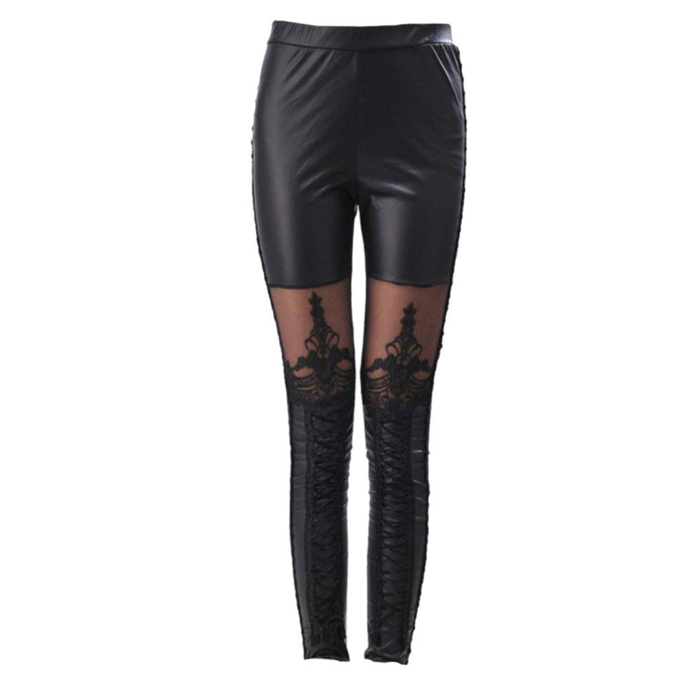 PRETYZOOM Gothic Punk Skinny Trousers Leather Leggings Lace Splicing High Waist Leggings for Lady Woman (Black), Black,