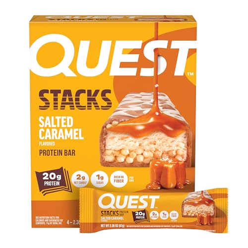 Quest Nutrition Stacks Protein Bars Salted Caramel Flavor 20g Protein 2g Net Carbs 1g Sugar High Fiber Low Sugar Gluten Free 4 Count