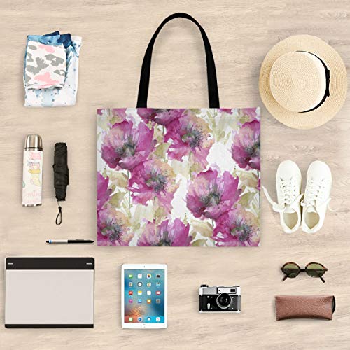Visesunny Women's Large Canvas Tote Shoulder Bag Watercolor Purple Poppy Flower Top Storage Handle Shopping Bag Casual Reusable Tote Bag For Beach,Travel,Groceries,Books #TOP4