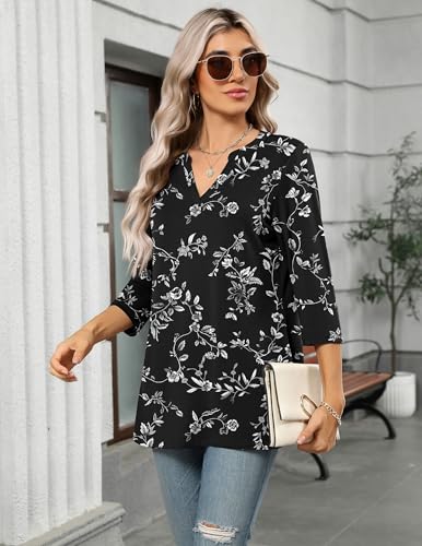 Zeagoo Women's Tunic Tops Dressy Casual 3/4 Sleeve Blouse V Neck Shirts Fashion White Floral M3