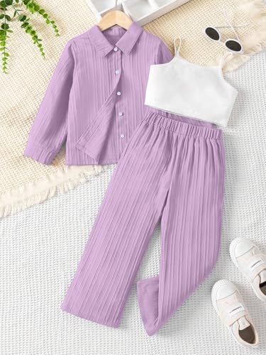 Image of Tagas Girls Casual Simple Style Polyester Solid Camisole Top, Long Sleeve Shirt And Straight Pants||3 Piece Set|| DRESS FOR GIRLS||(GCS-12)