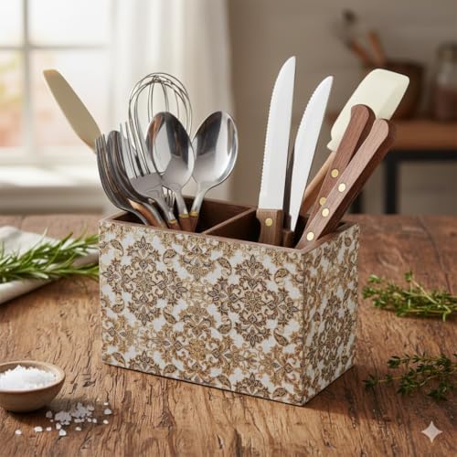 Image of Wooden Cutlery Holder with 2 Sections - Gold Design Spoon Stand for Kitchen & Dining Table Organizer (10x16x12 cm) | Multipurpose Cutlery stand for dining table, Chammach Stand, Table Decor