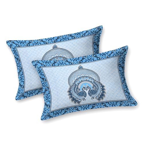 Image of Rajasthani Jaipuri Sanganeri Printed 144 TC 100% Cotton Bed Sheet Set for Double Bed,Double Peacock Pattern, Double Bedsheet Cotton with 2 Pillow Covers