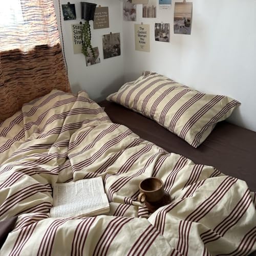 Image of Striped Duvet Cover Set Twin Size Reddish-Brown Stripes Comforter Cover Retro Vertical Ticking Stripes Pattern Soft Breathable Microfiber Bedding Set with Zipper Closure and 1 Pillowcase
