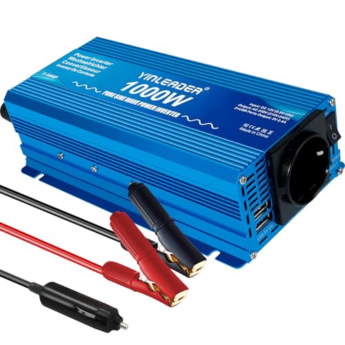 Yinleader Inversor De Corriente Onda Sinusoidal Pura 1000W Transformador De 12v A 230v, 1 Toma EU Enchufe 2 USB, para Coche Caravana Barco cámping de Viaje /2000W Potencia de sobretensión