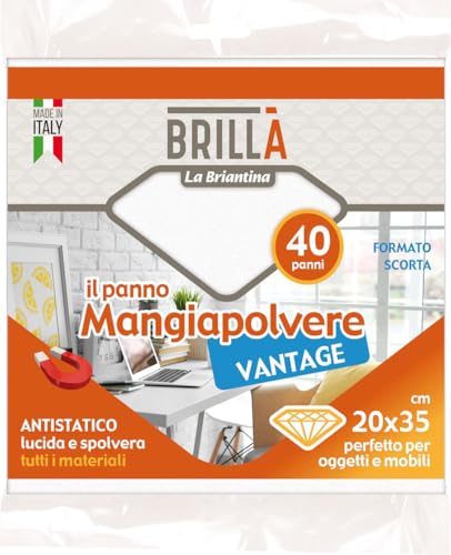 La Briantina Panni Mangiapolvere Vantage - 40 Panni Elettrostatici Usa e Getta, 20x35 cm, Morbidi per Superfici Delicate, Poliestere e Viscosa