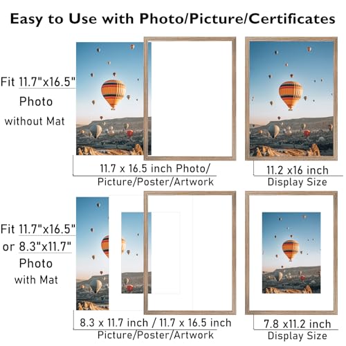 Image of JCJMY 11.7x16.5 A3 Picture Frame Rustic Brown with 8.3x11.7 A4 Mat, Display Photo 8.3x11.7 with Mat or 11.7 x 16.5 Without Mat, Wall Hanging Large Frame with Plexiglass, Rustic Brown