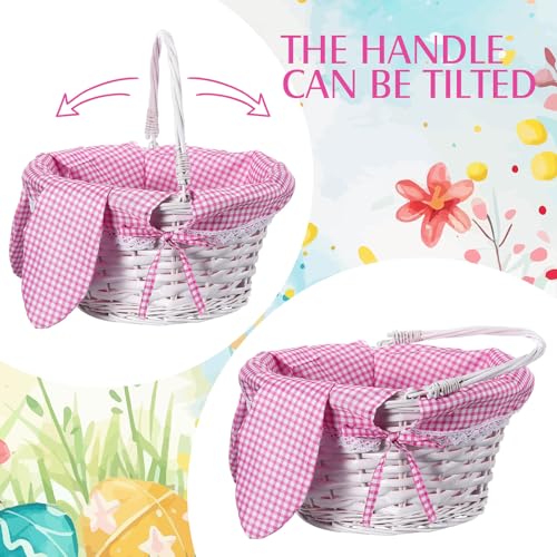 Image of Hushee Easter Willow Gift Basket 11 inchx7 inch Easter Wicker Bunny Baskets with Folding Handle Plaid Liners for Kids Toys Eggs Hunt Wood Bunny Bucket Decorations(Pink and White Plaid)