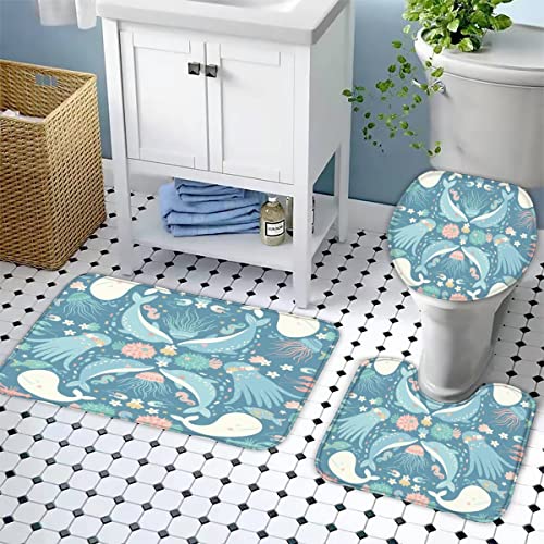 Badezimmerteppich-Set 3Teilig Meereslebewesen rutschfest Waschbar Badematte Badezimmer Weich Mikrofasern WC-Deckelbezug… – Bild 4