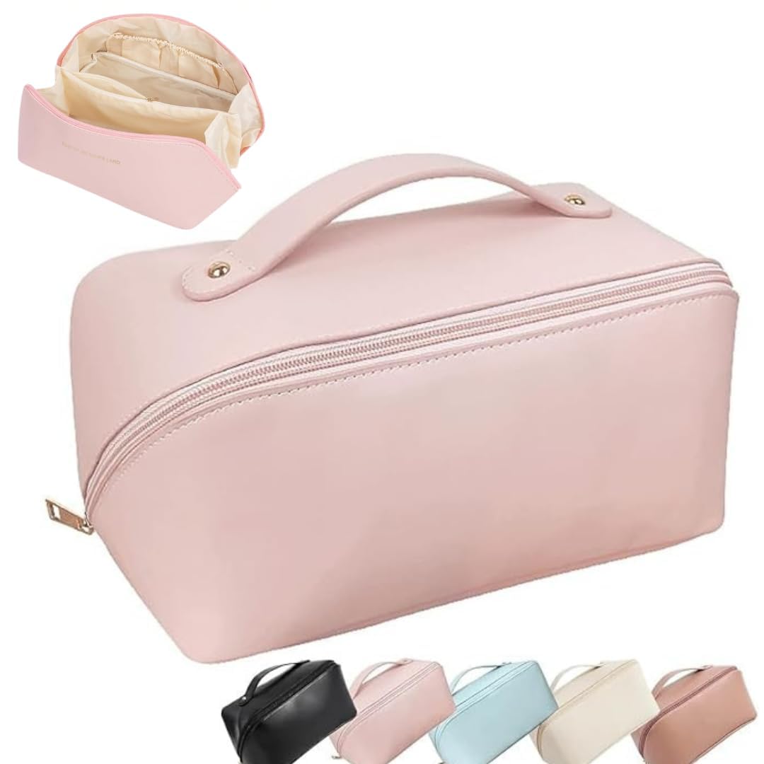 Multifunctional Travel Makeup Bag | Large Capacity Portable Leather Makeup Bag with Convenient & Durable Handle | Cosmetics Storage Bag with Waterproof PU Leather-Pink-image-36