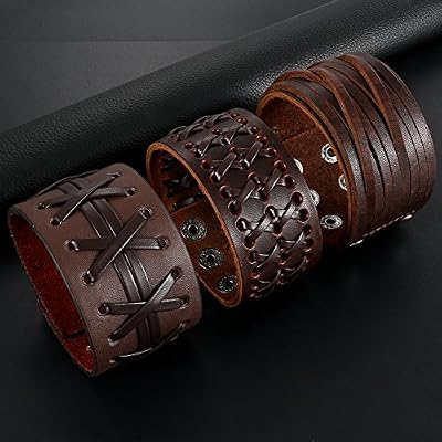 OIDEA Assorted 3pcs Mens Punk Multistrand Leather Braided Bangle Cuff Bracelet for Biker Dad Father Size Adjustable