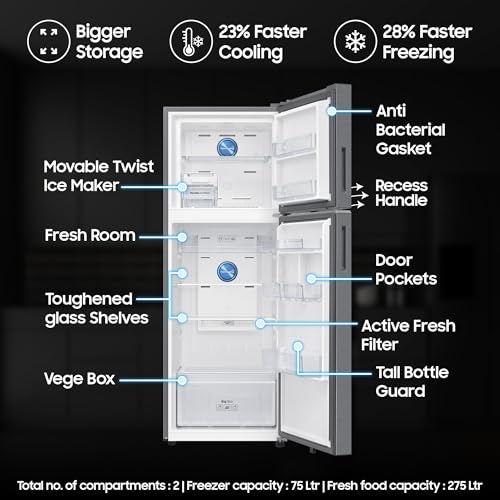 Image of Samsung 350 L, 2 Star, Convertible 5-in-1, Digital Inverter, Frost Free Double Door, WiFi Bespoke AI Refrigerator (RT38HG5A42SLHL, Silver, Ez Clean Steel, 2026 Model)