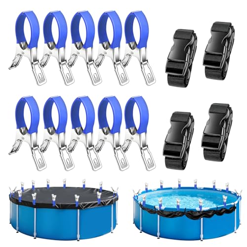 Pool Cover Clips Kit and Pool Cover Side Organizer Straps Heavy Duty Stainless Steel Pool Cover Clamps with Soft PVC Sleeves Adjustable Pool Cover Straps for Above Ground Pool Wind Guard Clip Set