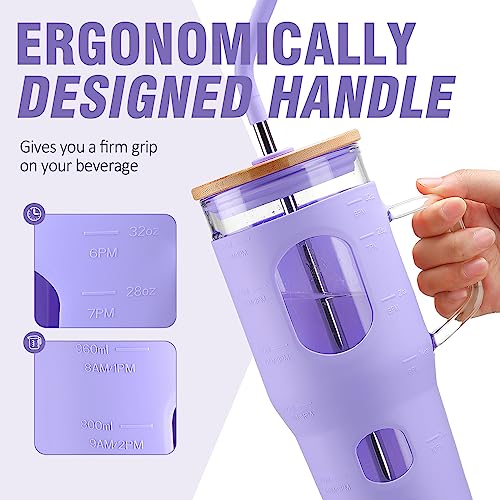 32oz Glass Water Bottle with Lid, Straw, Time Marker, and Handle - Purple