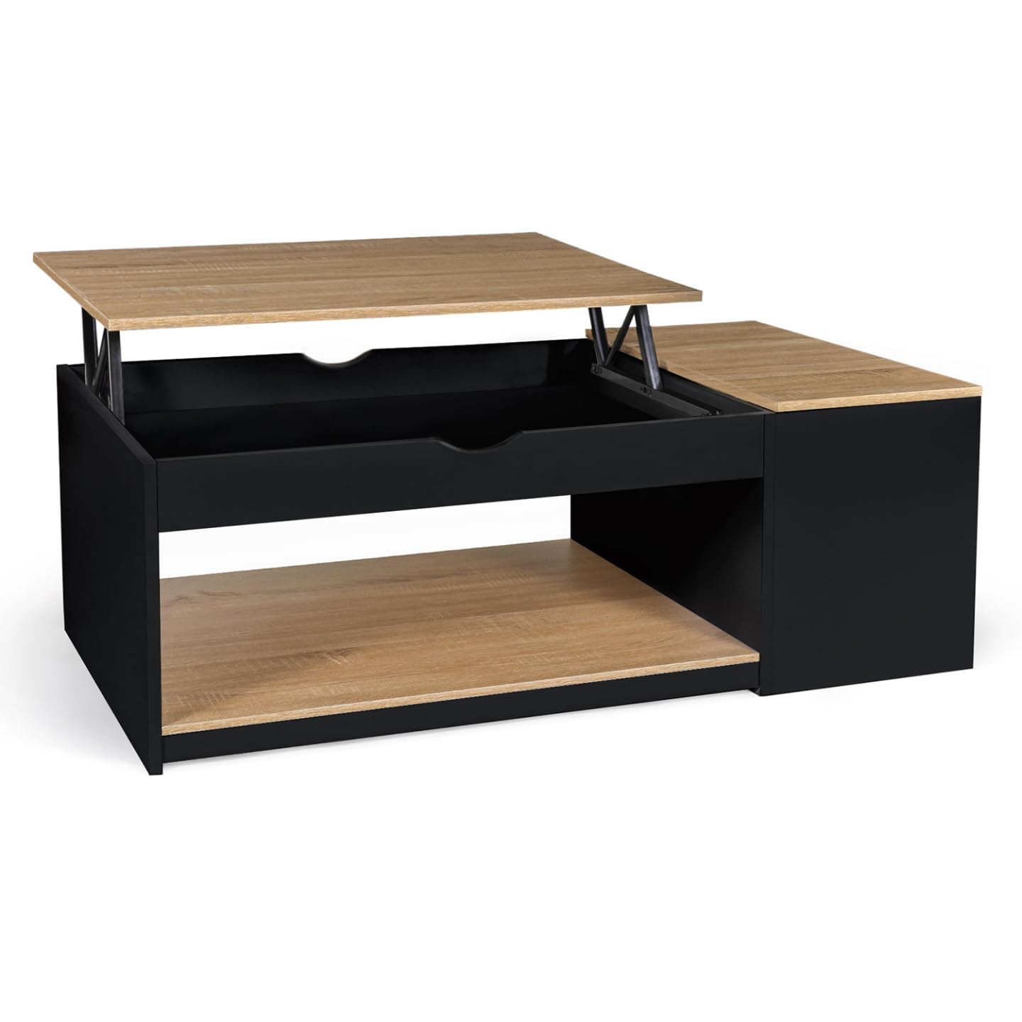 IDMarket - Table Basse Plateau relevable rectangulaire ELEA avec Coffre Bois Noir et façon hêtre