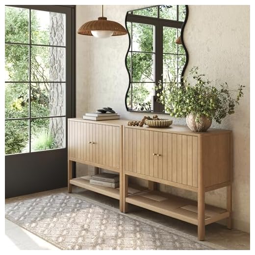 Nathan James Meads Mid Century Modern Cabinet or TV Stand with Doors, Solid Wood Kitchen Cabinet with Adjustable Interior Shelf and Seagrass Bottom Storage, Light Brown Set of 2