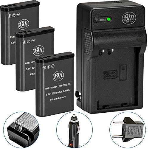 Pack of 3 BM Premium EN-EL23 Batteries and Battery Charger for Nikon Coolpix B700, P900, P600, P610, S810c Digital Camera