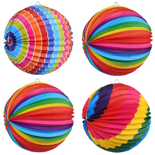 TOBBOMEY Farolillos de Papel Decorativos Plegables Set de 4 Pantallas para Lámpara Colgante Colores Arcoíris y Multicolor Estructura Metálica Resistente para Decoración de Fiestas Bodas