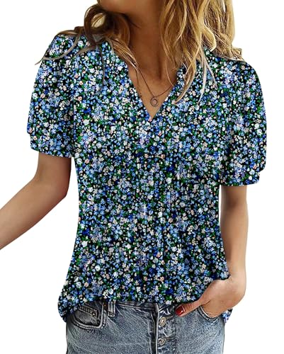 ROSELINLIN Womens Short Sleeve Shirts Loose Summer Floral Tunic Tops