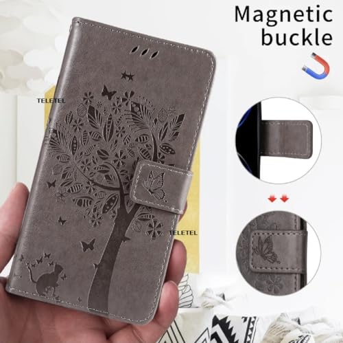 Image of TELETEL for Samsung Galaxy S25 Ultra Premium Vegan Leather Flip Cover | Card Cash Holder Wallet Case | Magnetic Closure (Grey Embossed Tree)