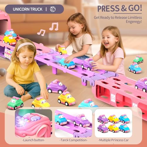 Image of PLUSPOINT Unicorn Truck Trailer with 6 Cars Friction Powered Foldable Race Track Truck Toys for Toddler Girls Toy Car Set, 2-Player Fold Out Trailer with Light & Sound Toys Birthday Gifts
