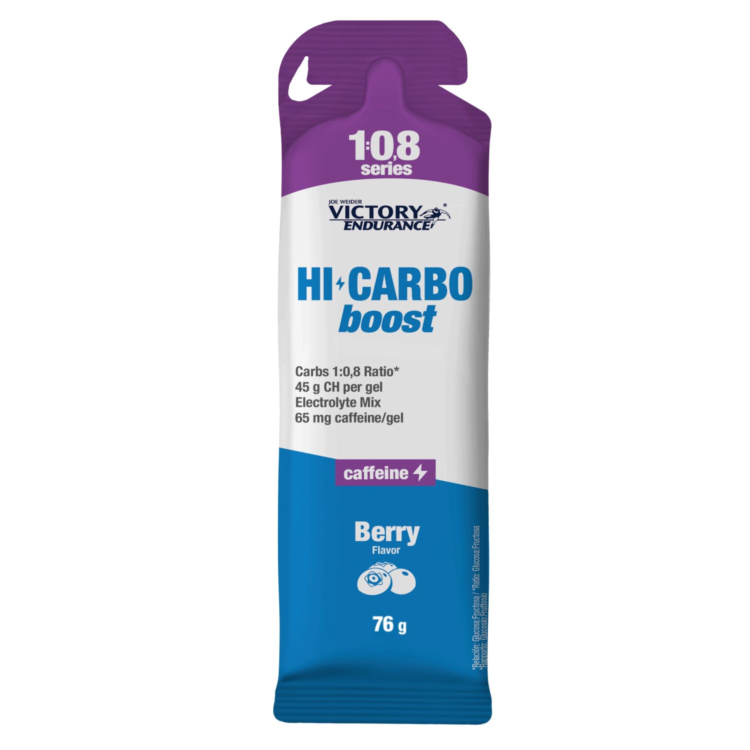 Victory Endurance HI Carbo Boost Gel 1:0,8 Series (12x76g) Sabor Frutos Rojos Con Cafeína, Alto en Carbohidratos con 45g/gel, 200mg sodio/gel, Energía inmediata, Aumenta Rendimiento, Disminuye Fatiga