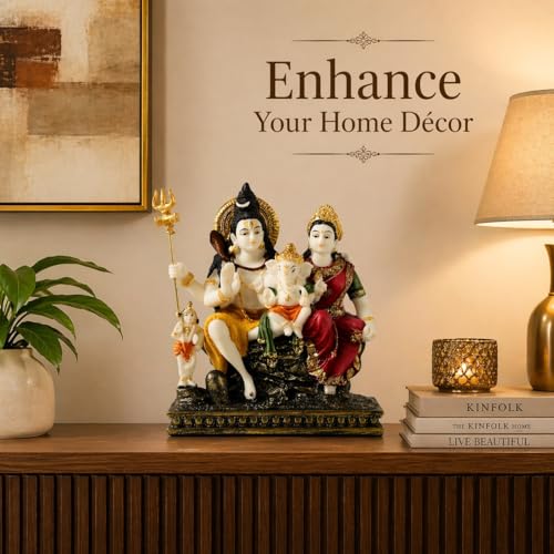 Image of ARMONIA Premium 9 Inch Shiva Parvati Ganesh Idol Shiv Parivar Murti Statue Sculpture|Polystone Mahadev with Golden Detailing|Ideal for Pooja,Mandir,Wedding & Housewarming Gift(Including Cloth)