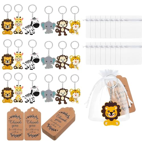 Norhogo 18 Set Portachiavi Baby Shower con Animali, Etichette Kraft e Sacchetti di Organza Bianca - Mini Portachiavi per Compleanno, Festa per Bambini