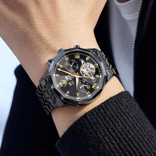 Image of OLEVS Men Automatic Watch Diamond Skeleton Mechanical Luxury Self Winding Moon Phase Calendar Waterproof Wrist Watch for Men