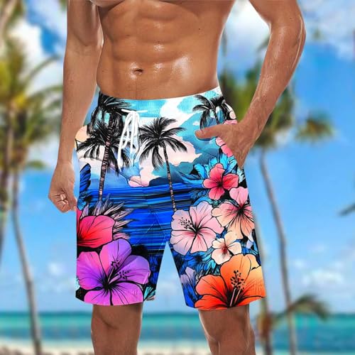 Beach Shorts for Men's 2025 Trendy Hawaiian Printed Plus Size Lace up Elastic Waist Loose Comfy Casual Swim Trunks2