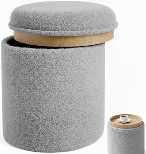 RIOGOM®️ Reposapies Salon - Puff Almacenaje con Mesa de Madera Reversible Tela Suave, Baul Almacenaje, Reposapies Sofa, Taburete almacenaje, Banco almacenaje, Banco almacenaje Asiento, Ø34x38 (Gris)